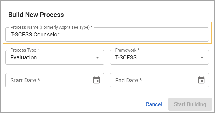 Modal to build a new T-SCESS process with fields for name, type, framework, and dates.